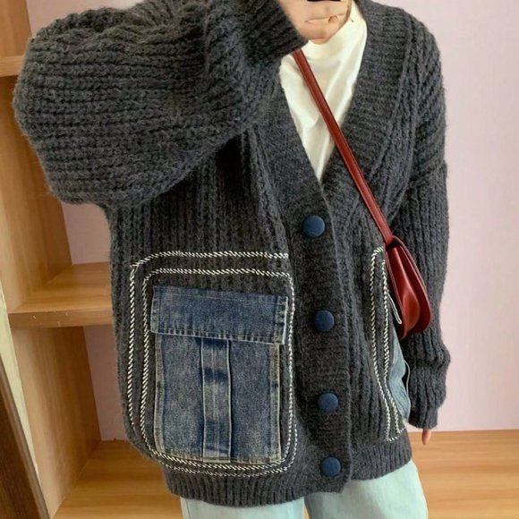 Grey Casual Womens Pocket Decor Drop Shoulder Oversized Cardigan - Picture 3 of 3